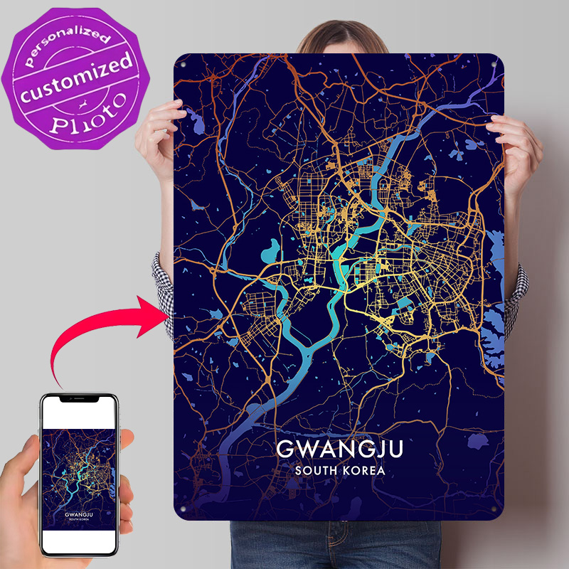 Custom Map Poster - Mapa miasta Gwangju 3D Tekstura Metalowy
